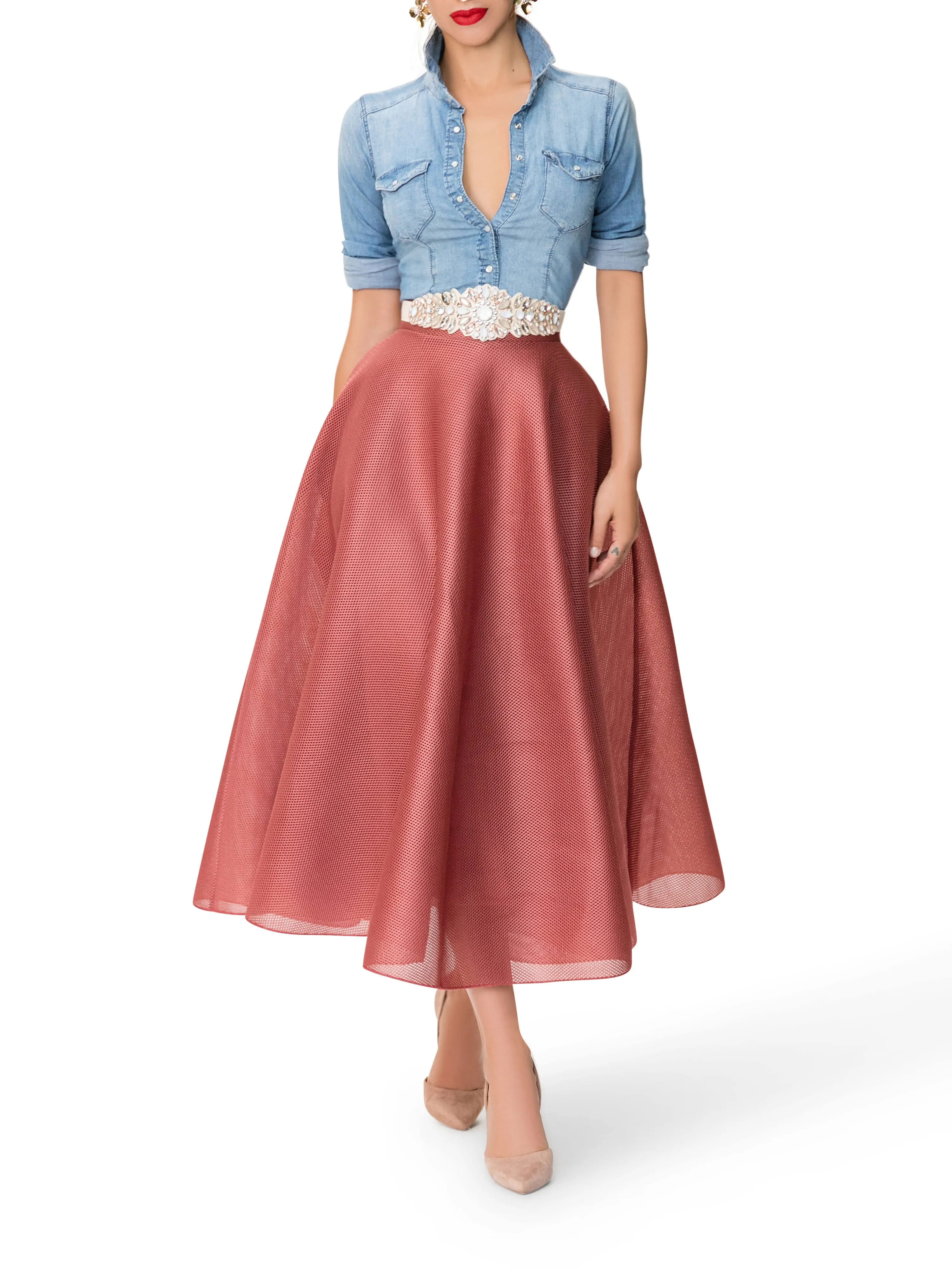 "Madeleine" Blush Mesh 50s Midi Skirt