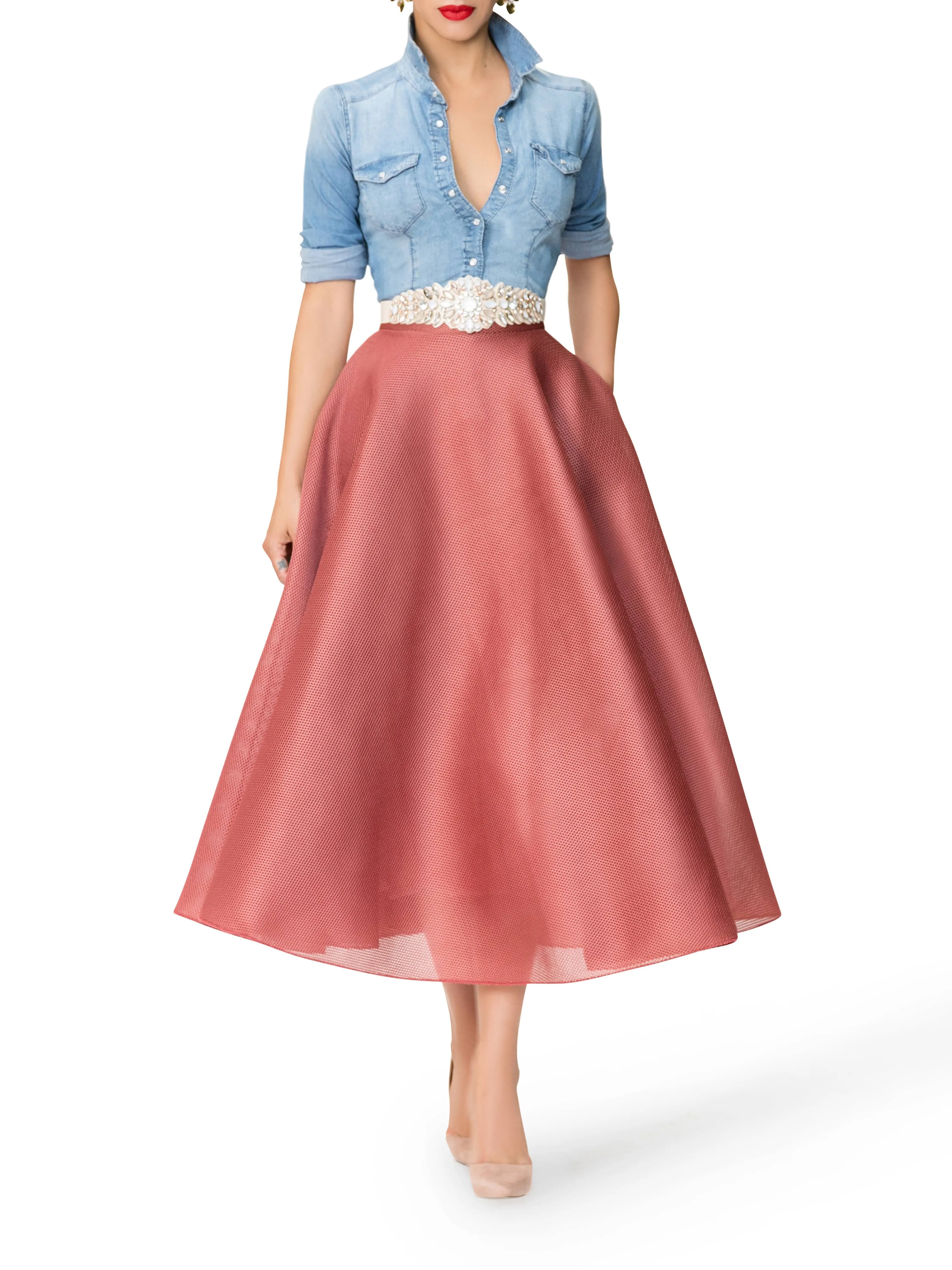 "Madeleine" Blush Mesh 50s Midi Skirt