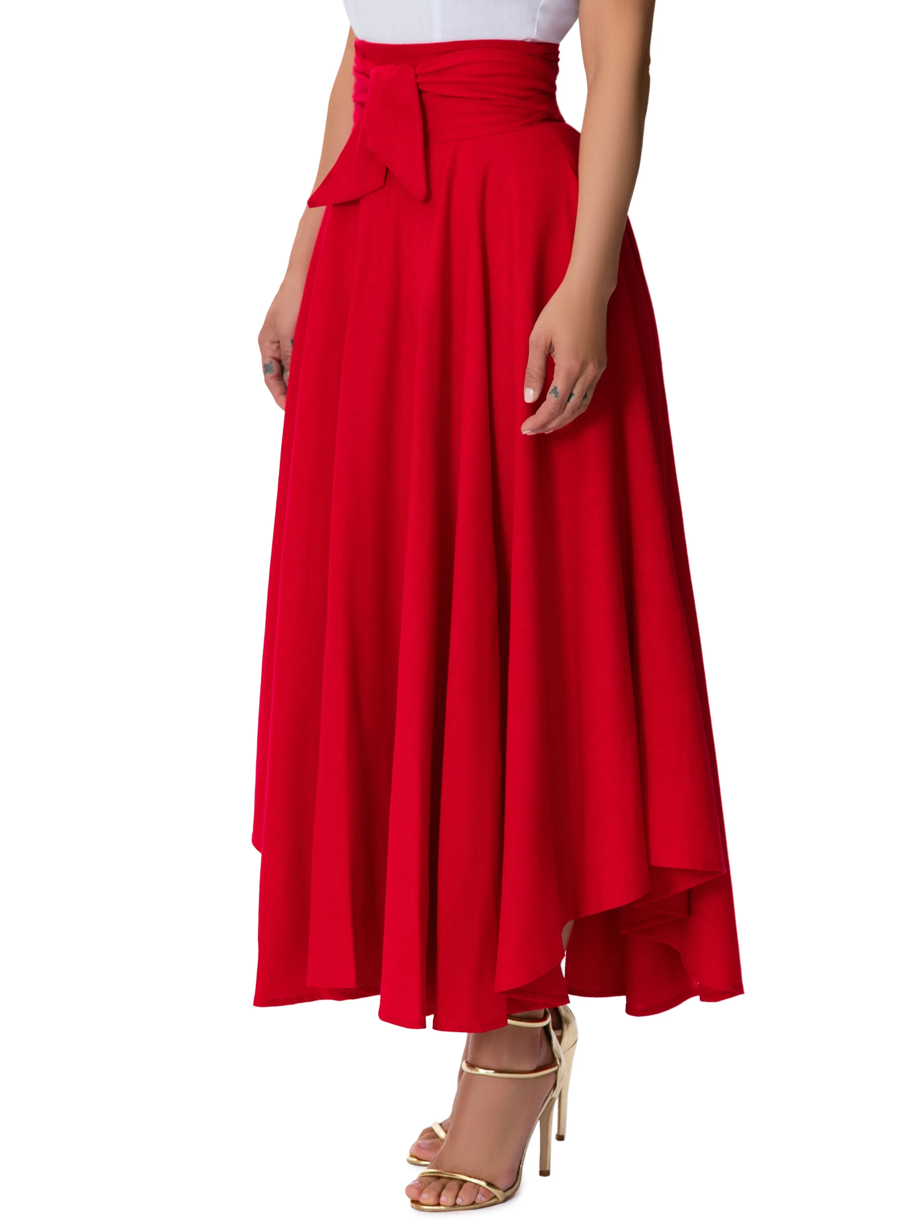 "San Fran" Red Belted Midi Skirt