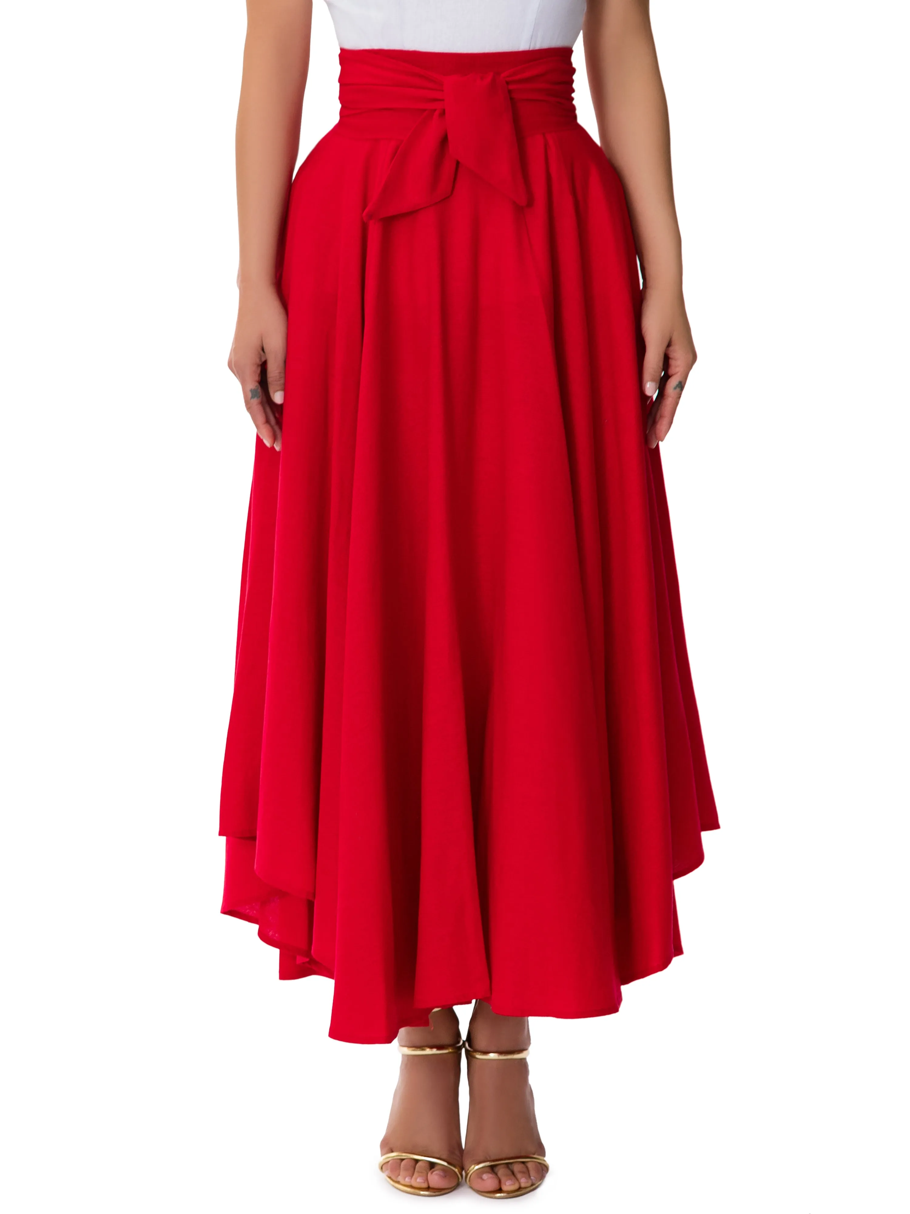 "San Fran" Red Belted Midi Skirt