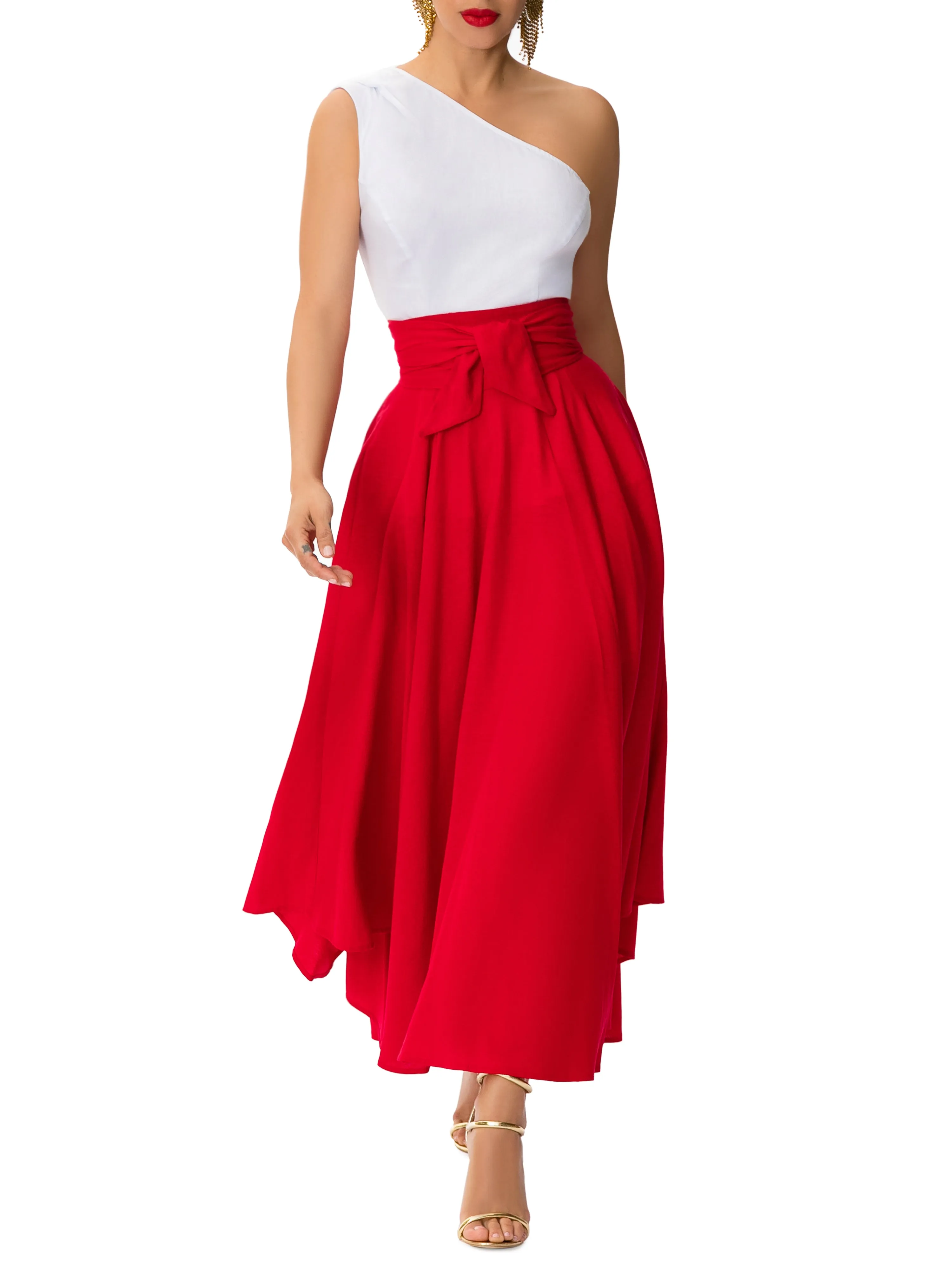 "San Fran" Red Belted Midi Skirt