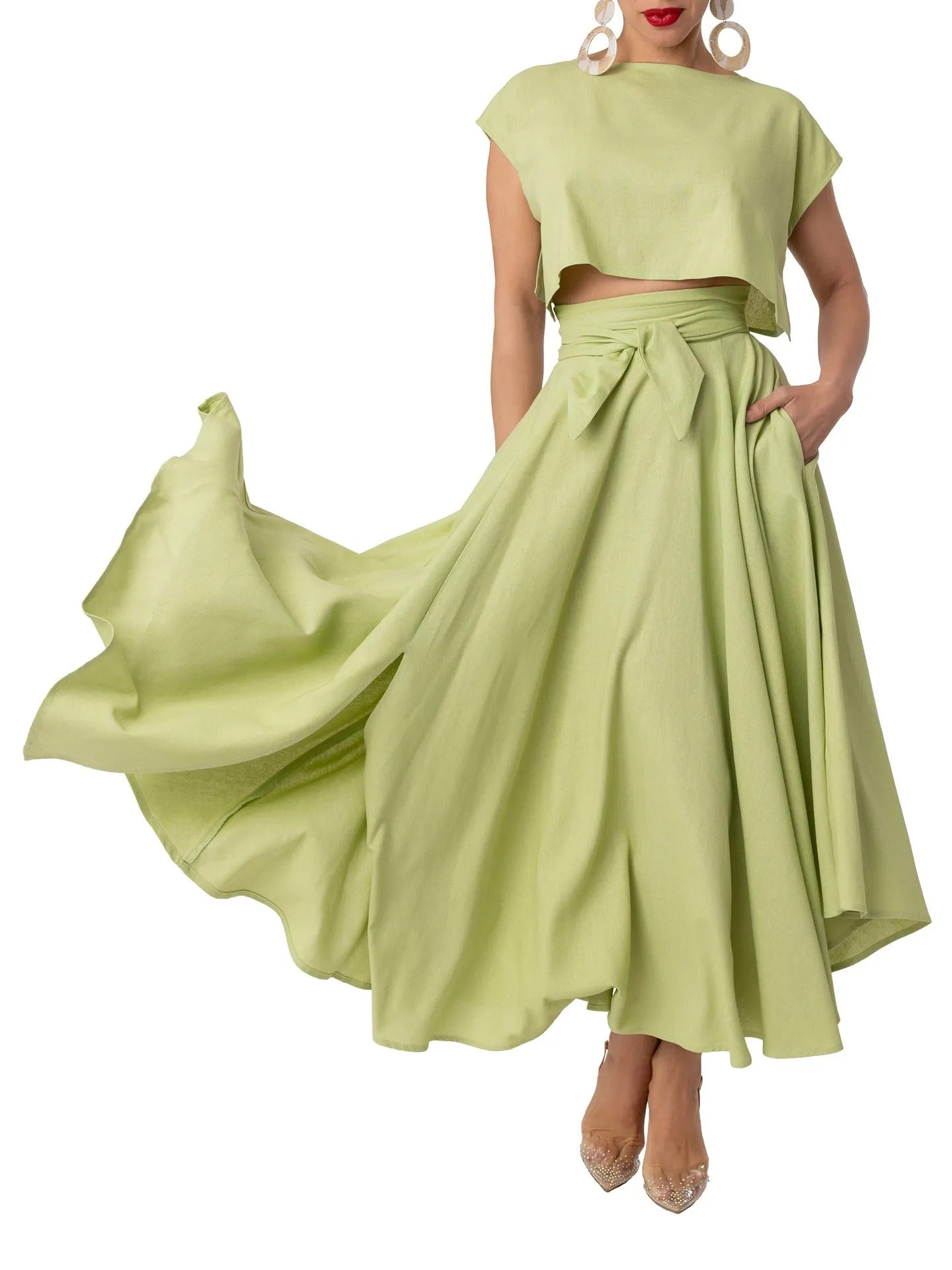 "Seychelles" Sage Belted Midi Skirt