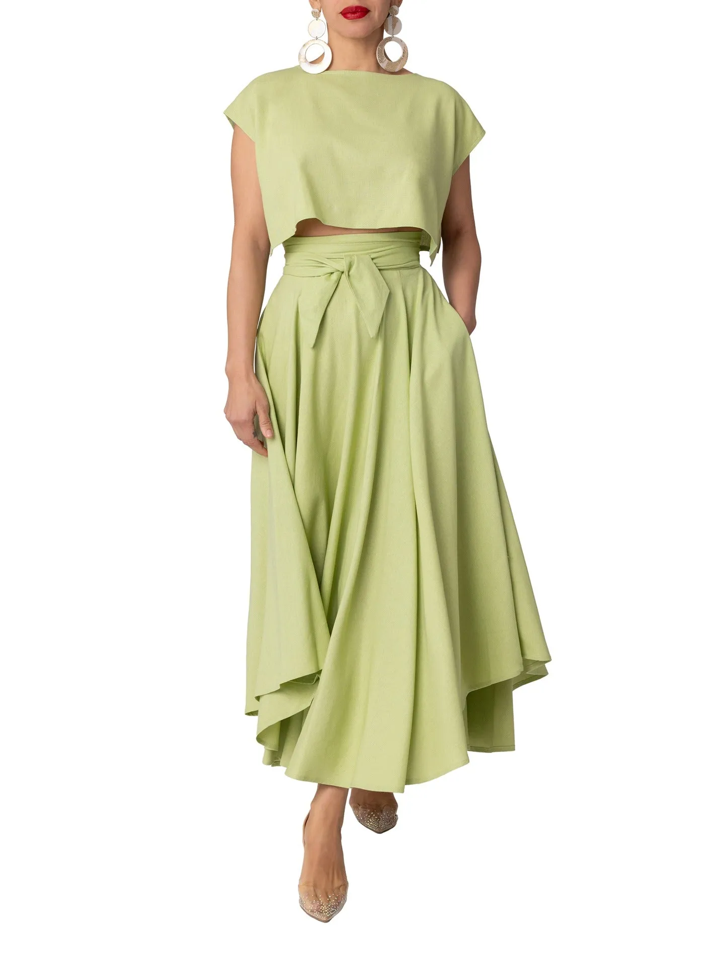 "Seychelles" Sage Belted Midi Skirt