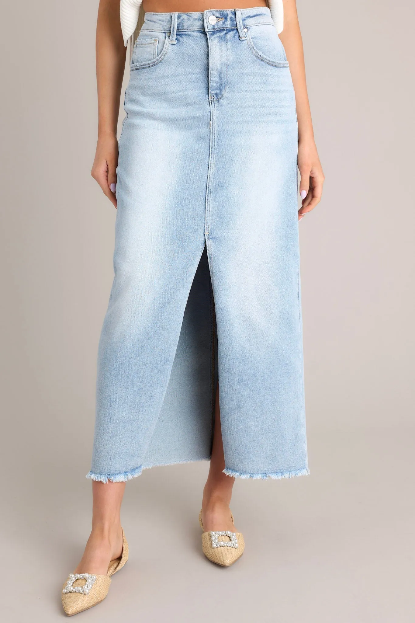 Radiant Rhythm Light Wash Denim Midi Skirt