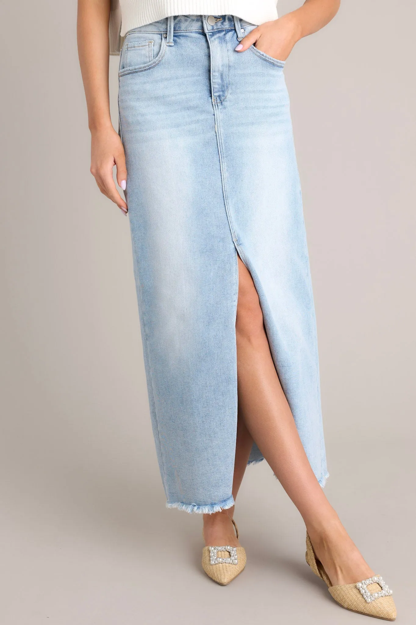 Radiant Rhythm Light Wash Denim Midi Skirt