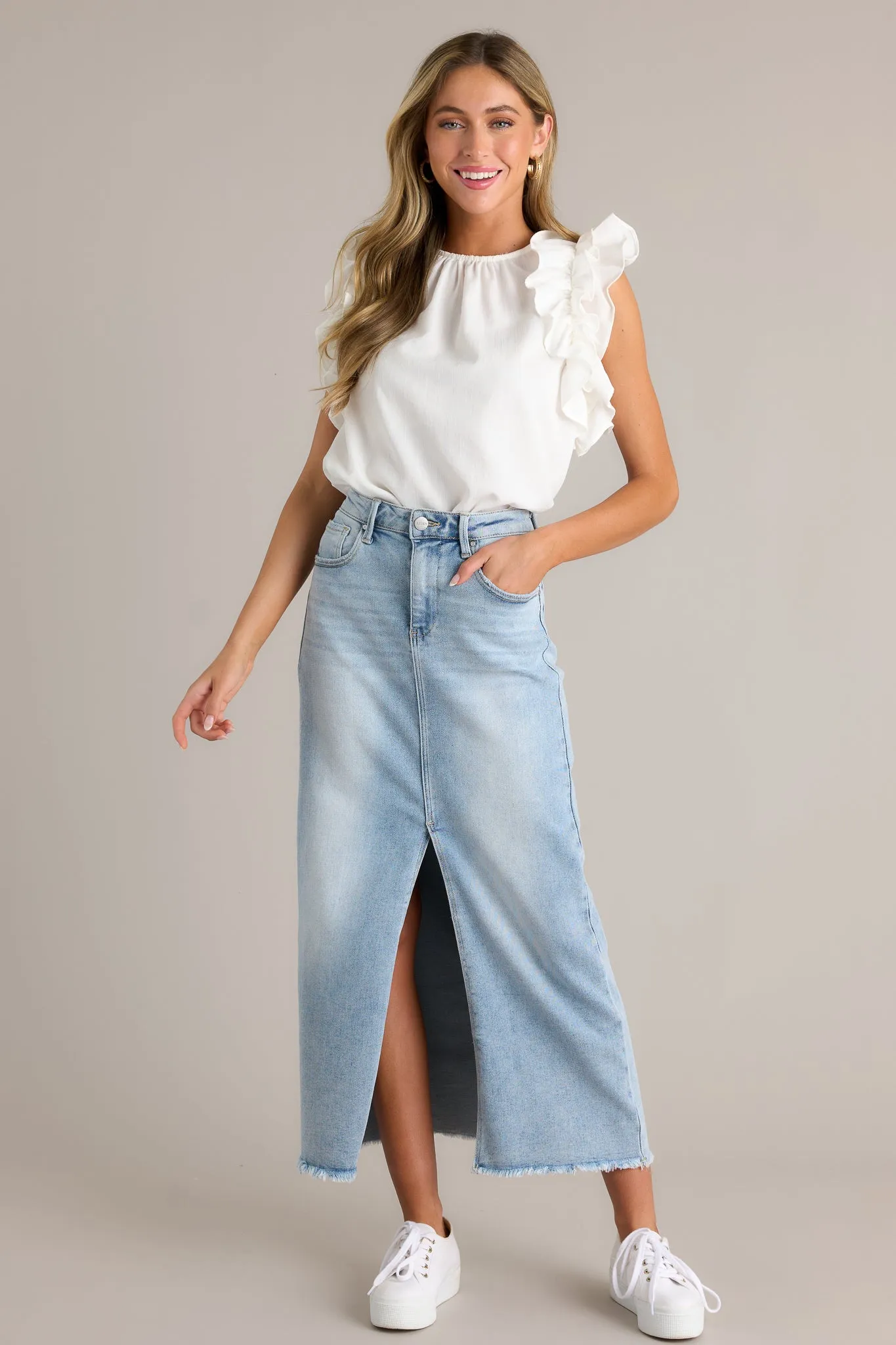 Radiant Rhythm Light Wash Denim Midi Skirt