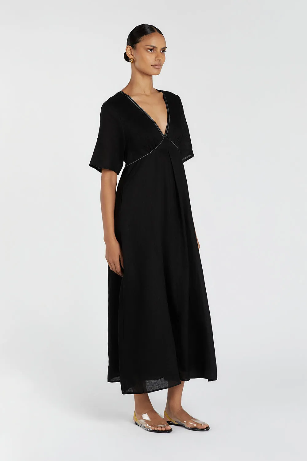 RHODES BLACK LINEN MIDI DRESS