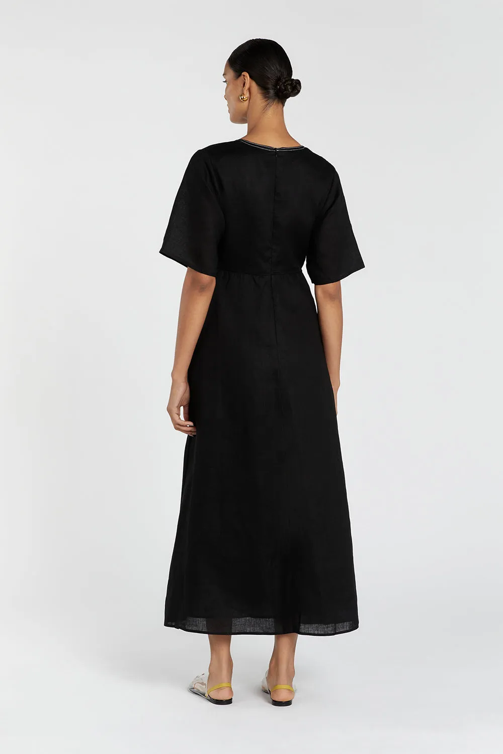 RHODES BLACK LINEN MIDI DRESS