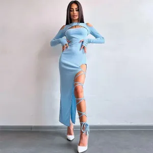 Ribbed Hollow Long Sleeve Off Shoulder Tie Up Midi Dress