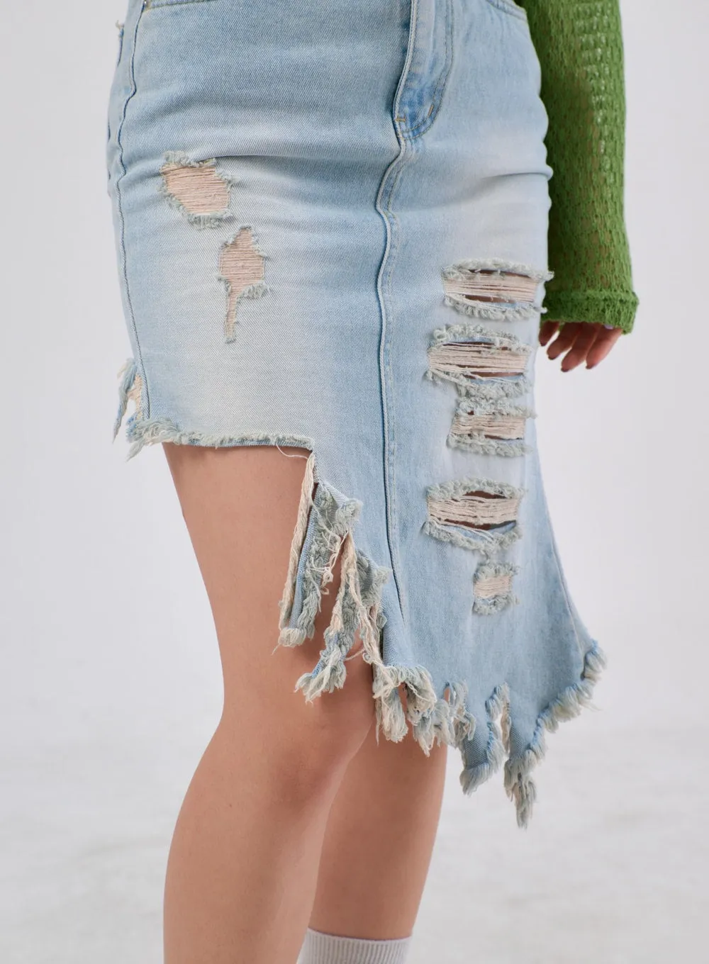 Ripped Denim Midi Skirt IA305