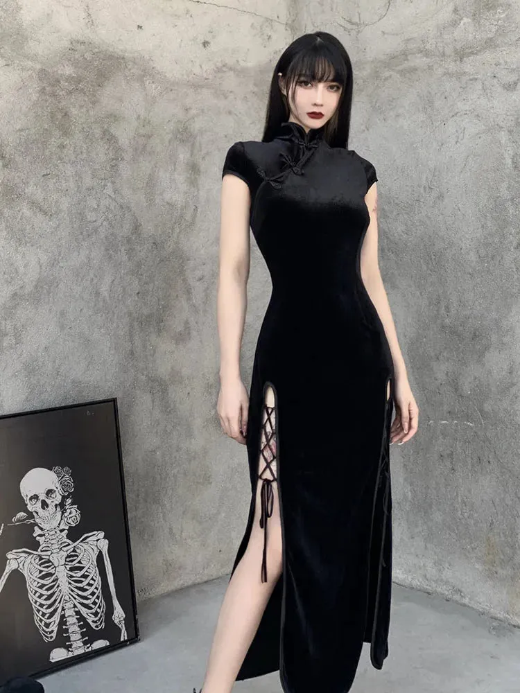 Romantic Gothic Velvet Aesthetic Vintage Black Evening Cheongsam Midi Dresses