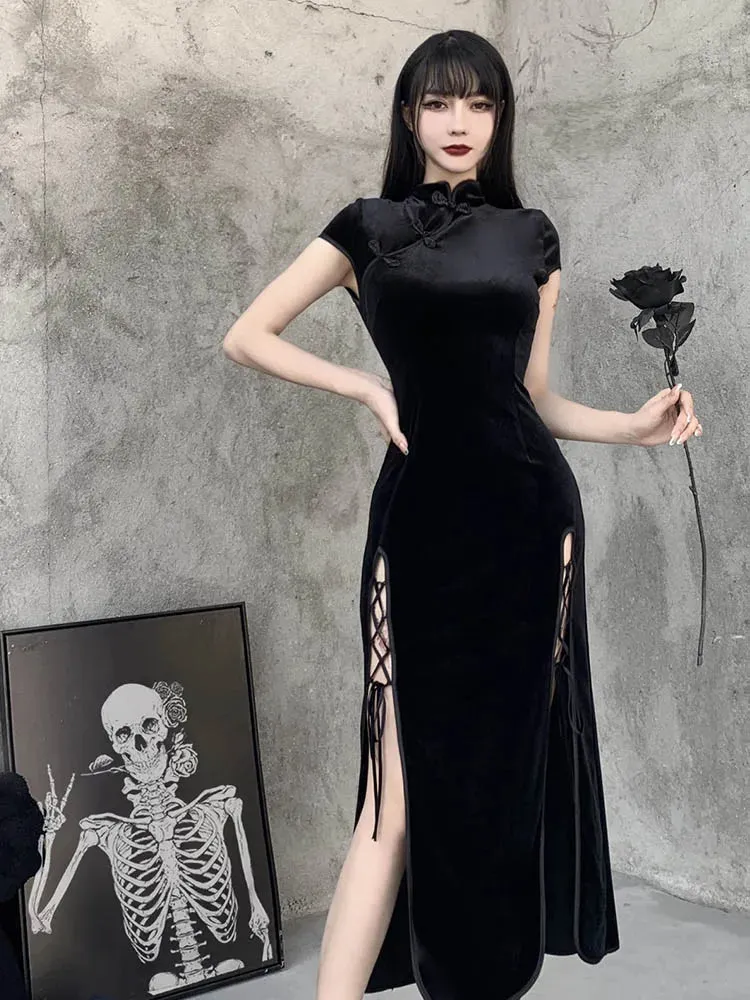 Romantic Gothic Velvet Aesthetic Vintage Black Evening Cheongsam Midi Dresses