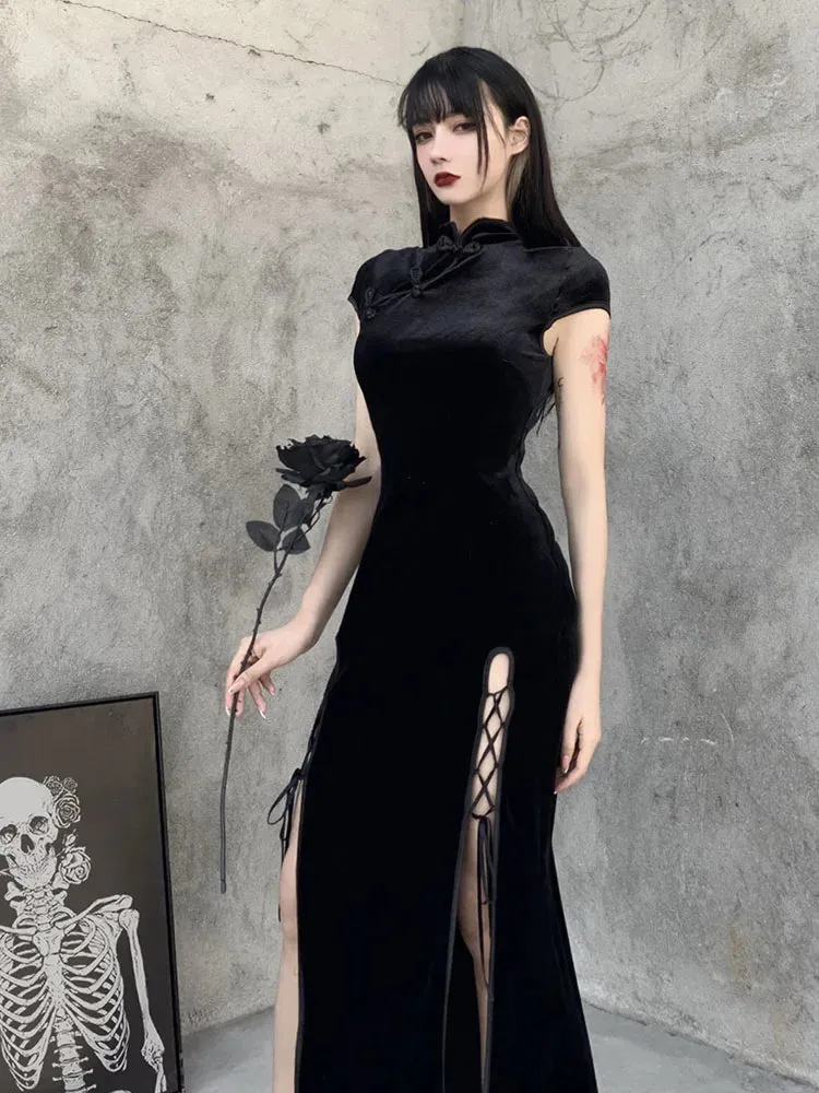 Romantic Gothic Velvet Aesthetic Vintage Black Evening Cheongsam Midi Dresses