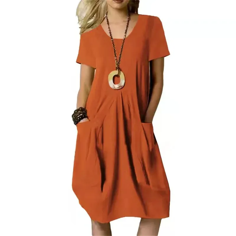 Round-neck Hot Solid Loose Pocket Design Women Midi Dresses