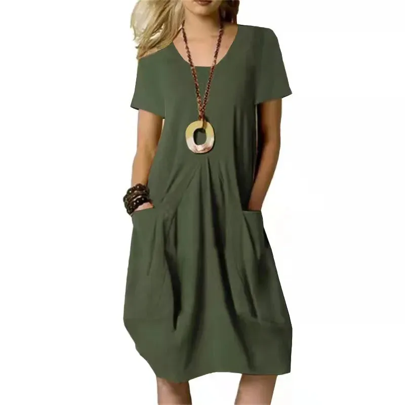 Round-neck Hot Solid Loose Pocket Design Women Midi Dresses