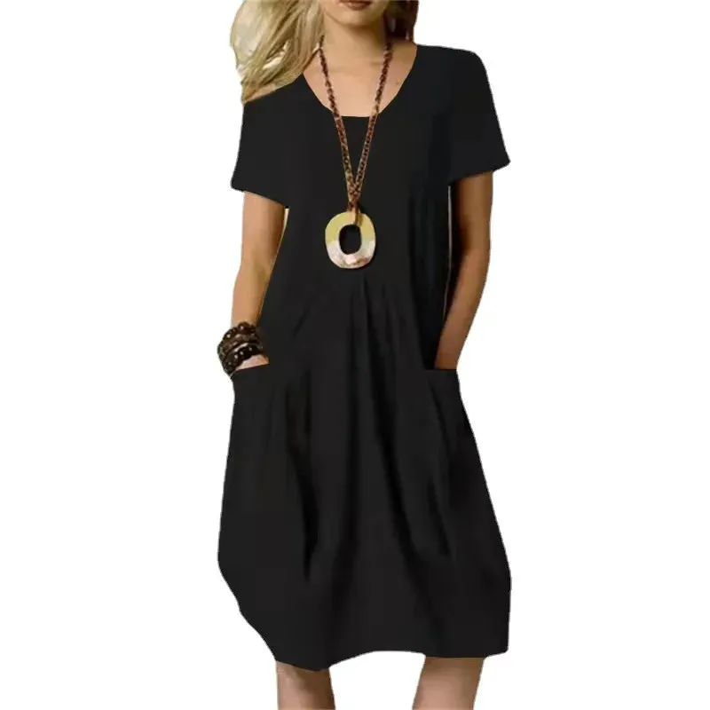 Round-neck Hot Solid Loose Pocket Design Women Midi Dresses