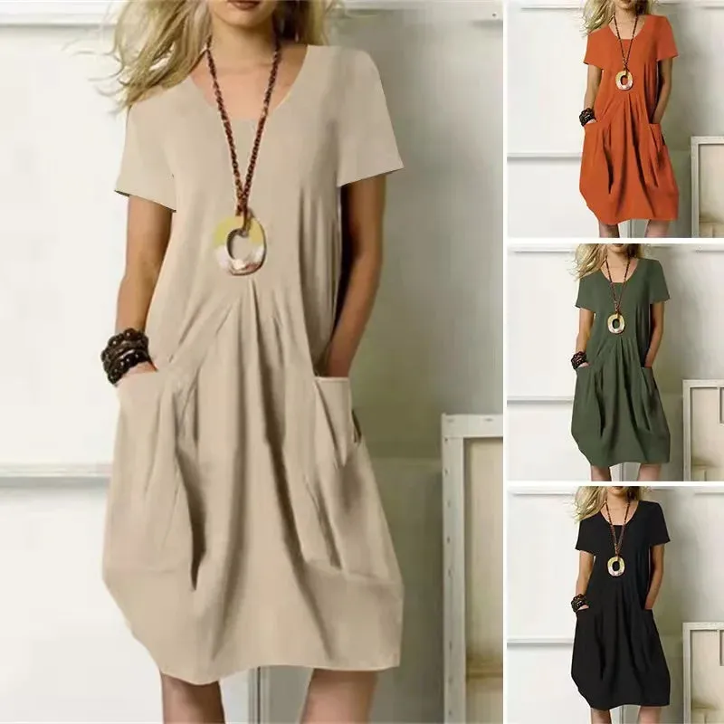 Round-neck Hot Solid Loose Pocket Design Women Midi Dresses