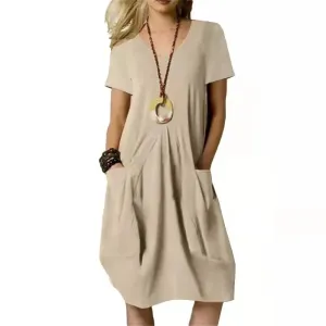 Round-neck Hot Solid Loose Pocket Design Women Midi Dresses