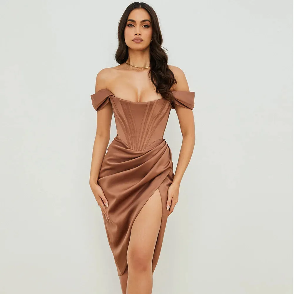 Ruched Shoulder Midi Sexy Party Club Evening Satin Off Dress