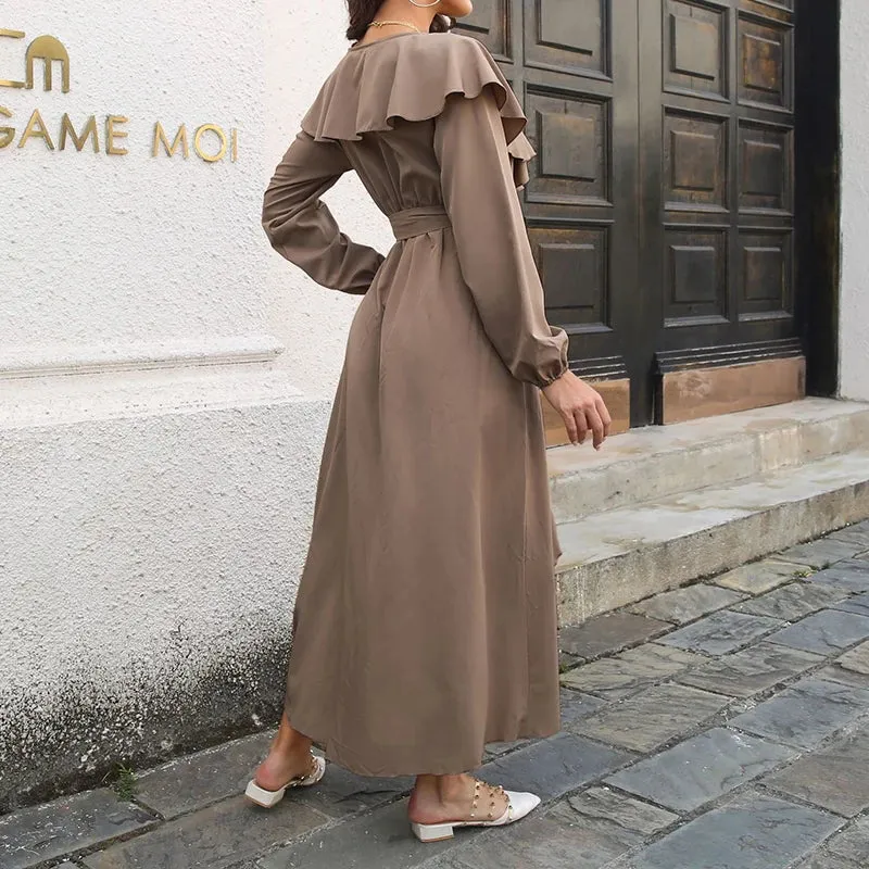 Ruffle Hem Split V-neck Lantern Sleeve Midi Dress