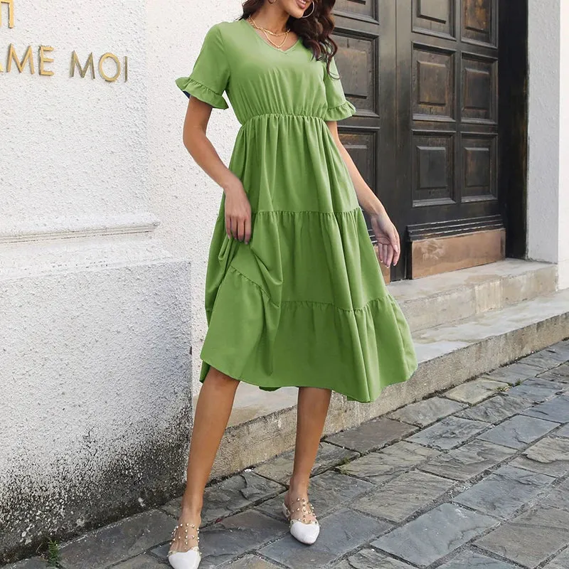 Ruffle Short Sleeve V-Neck Solid Color Layered Swing A-line Midi Dress