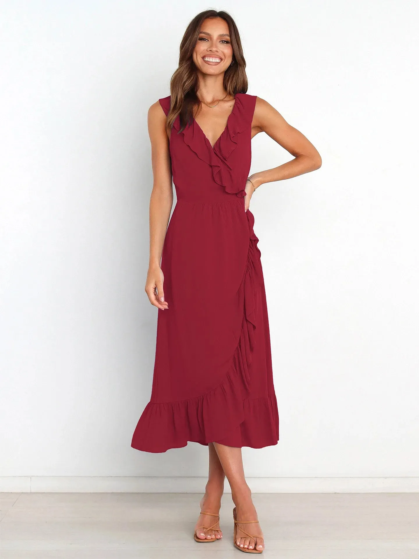 Ruffled Sleeveless V-neck Ruffled High-grade Elegant Traf Midi Dresses