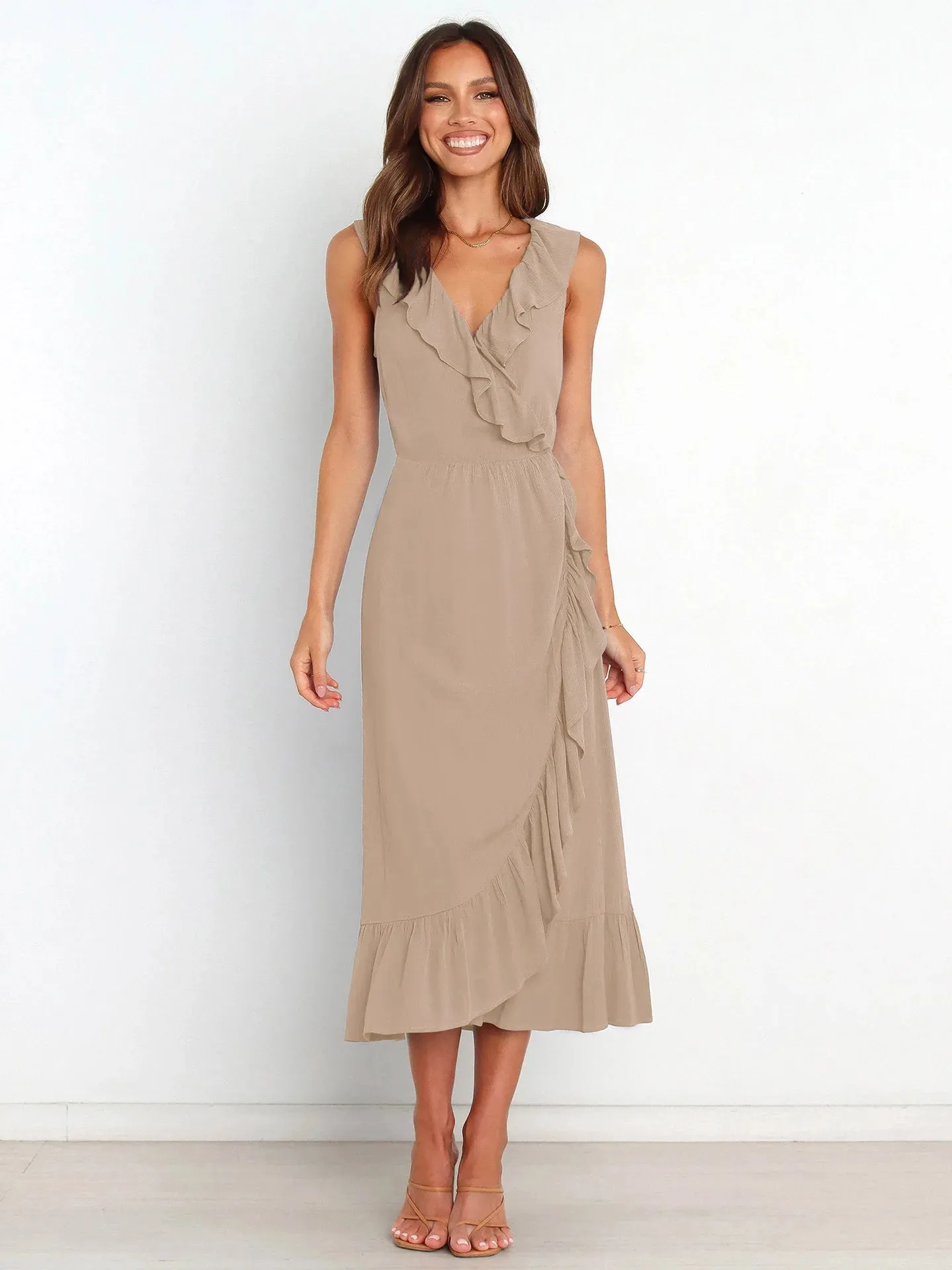 Ruffled Sleeveless V-neck Ruffled High-grade Elegant Traf Midi Dresses