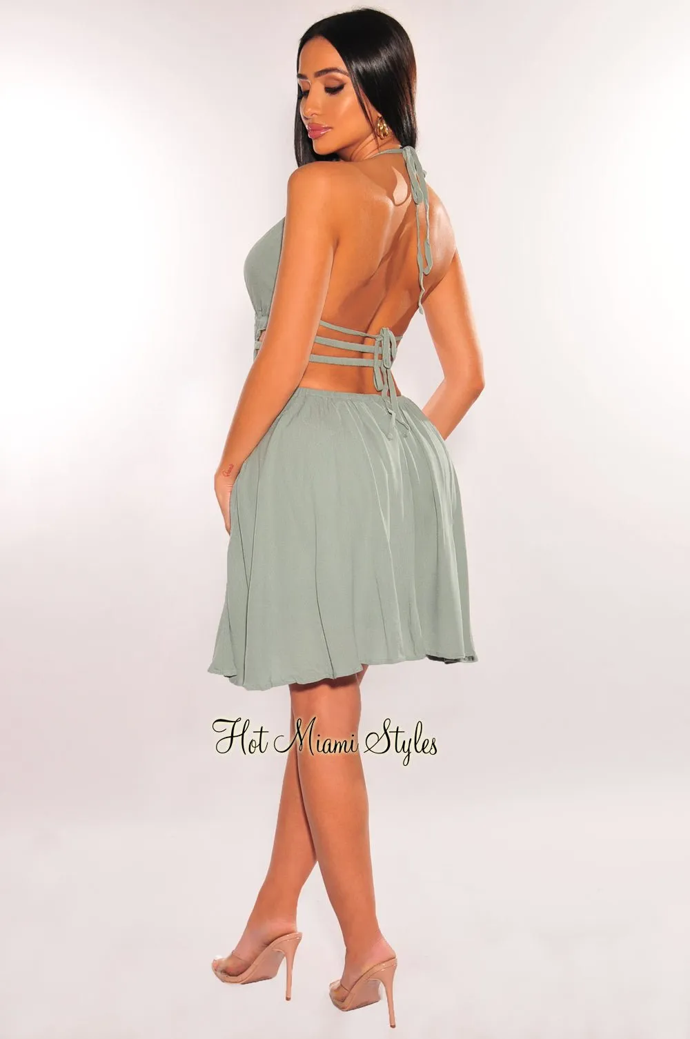 Sage Halter V Neck Strappy Back Babydoll Dress