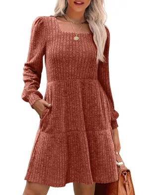 SAMPEEL Fall Dresses for Women 2024 Long Sleeve Flowy Fashion Dress Caramel M