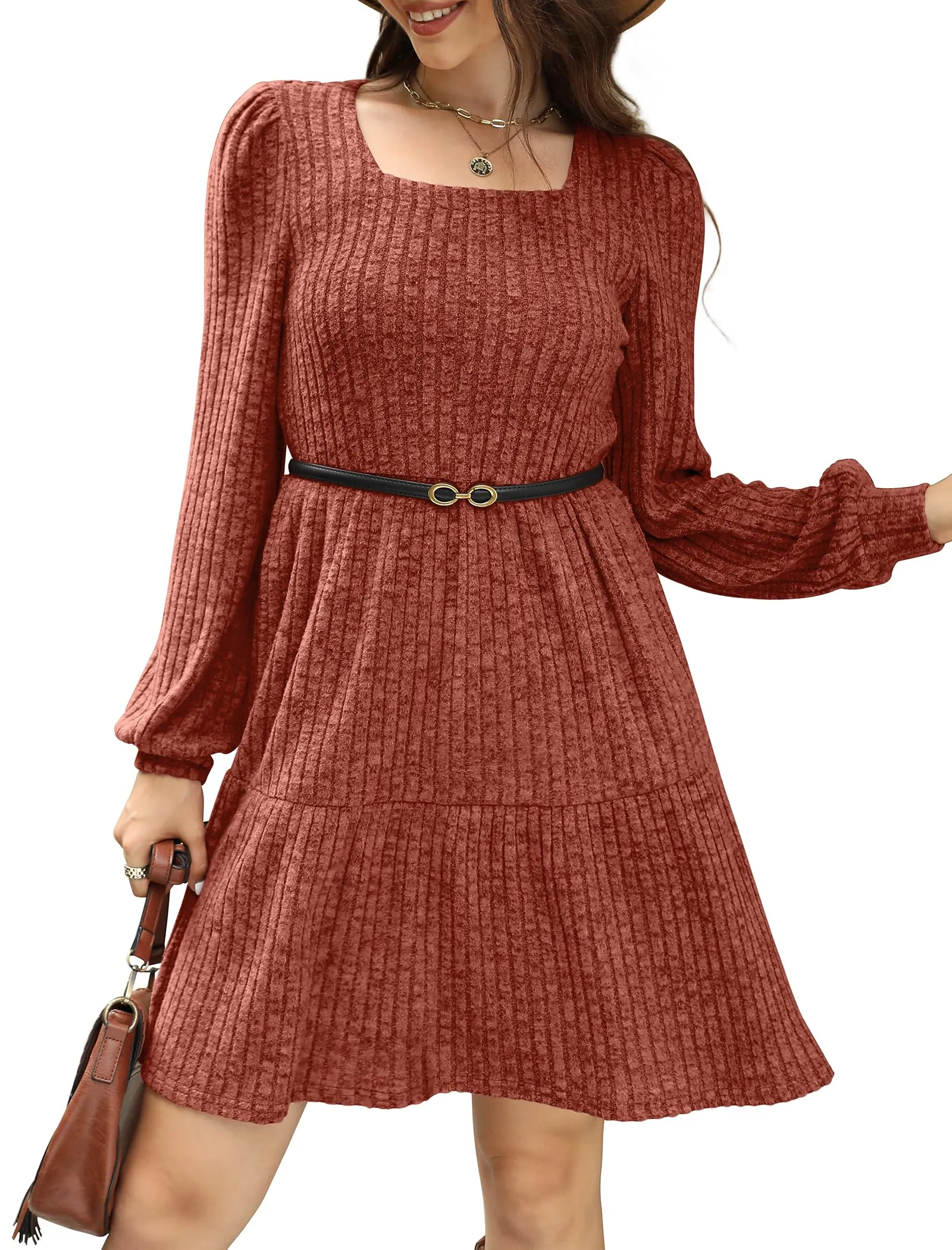 SAMPEEL Fall Dresses for Women 2024 Long Sleeve Flowy Fashion Dress Caramel M