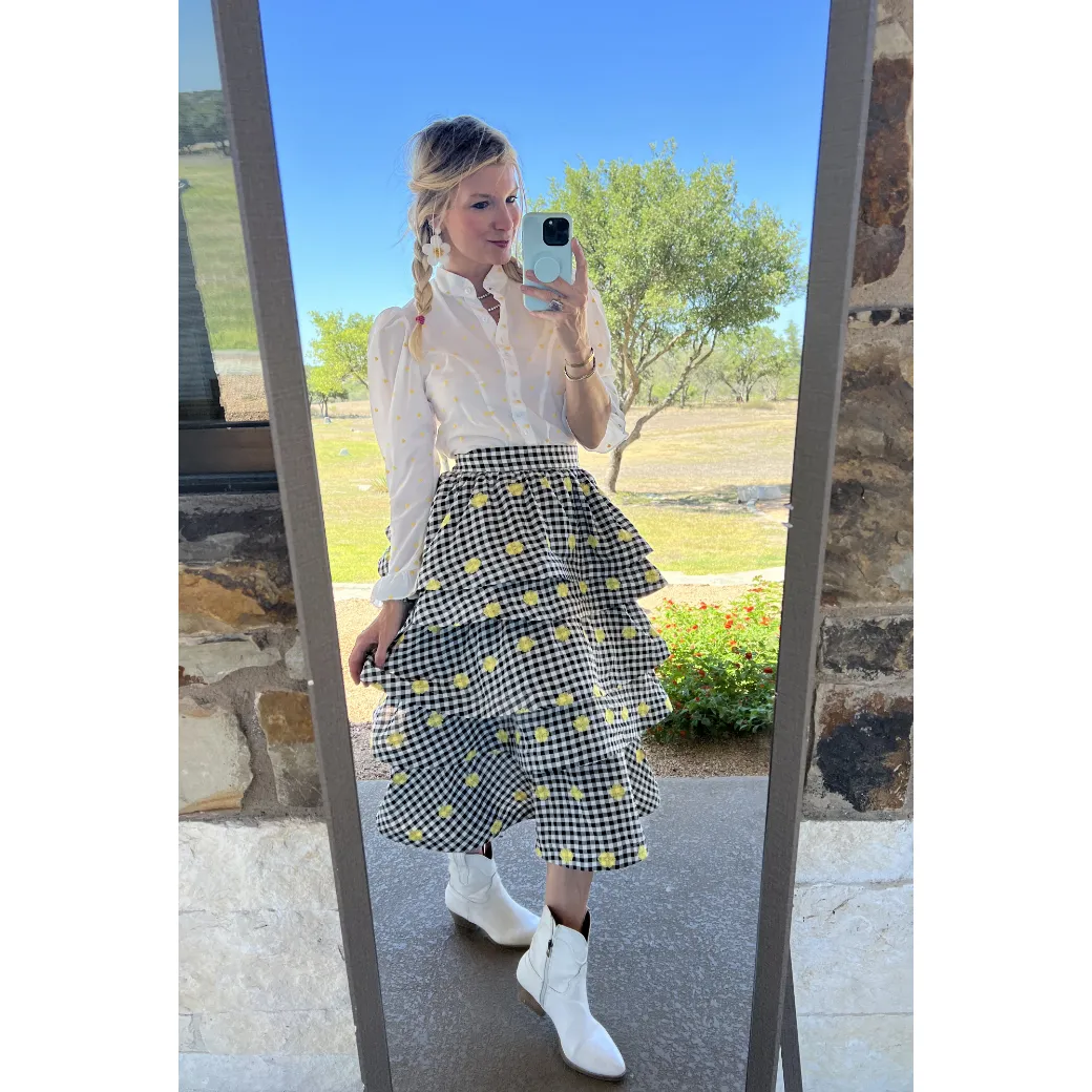 SAMPLE - Teagan Tiered Skirt MIDI - Gingham Daisy