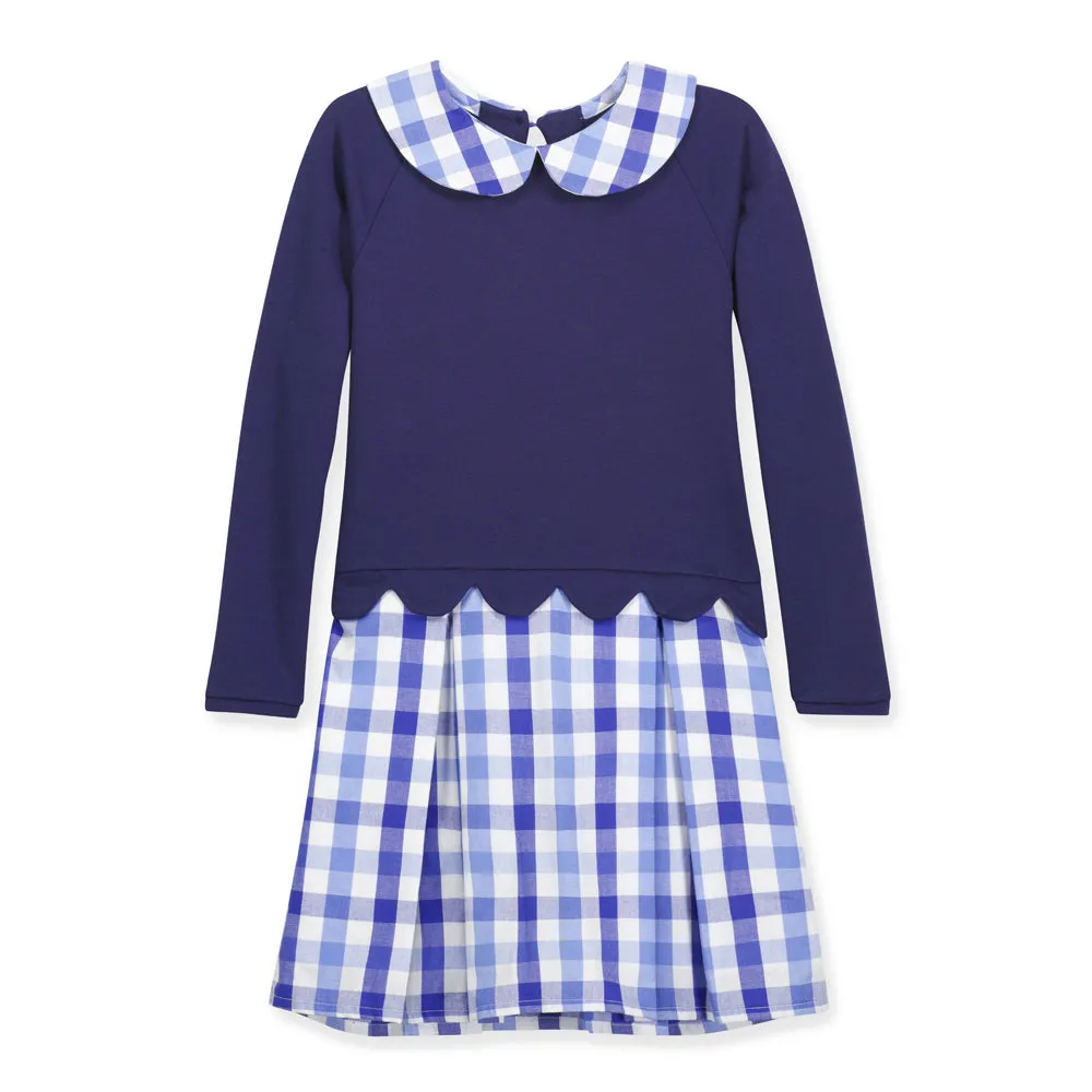 Scalloped Miriam Dress -- Navy w/ Sapphire Check