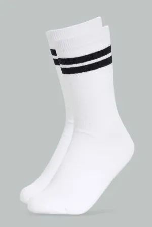 Senior Boys White and Black Stripes Midi-Length Socks