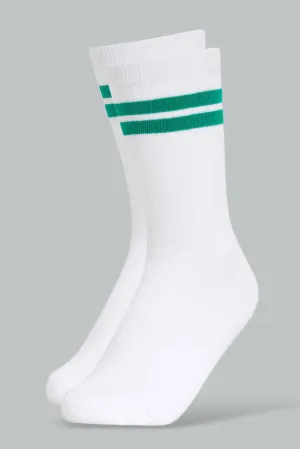 Senior Boys White and Greens Stripes Midi-Length Socks