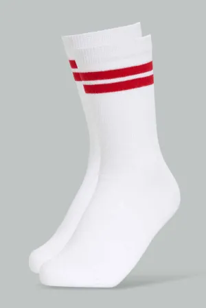 Senior Boys White and Red Stripes Midi-Length Socks