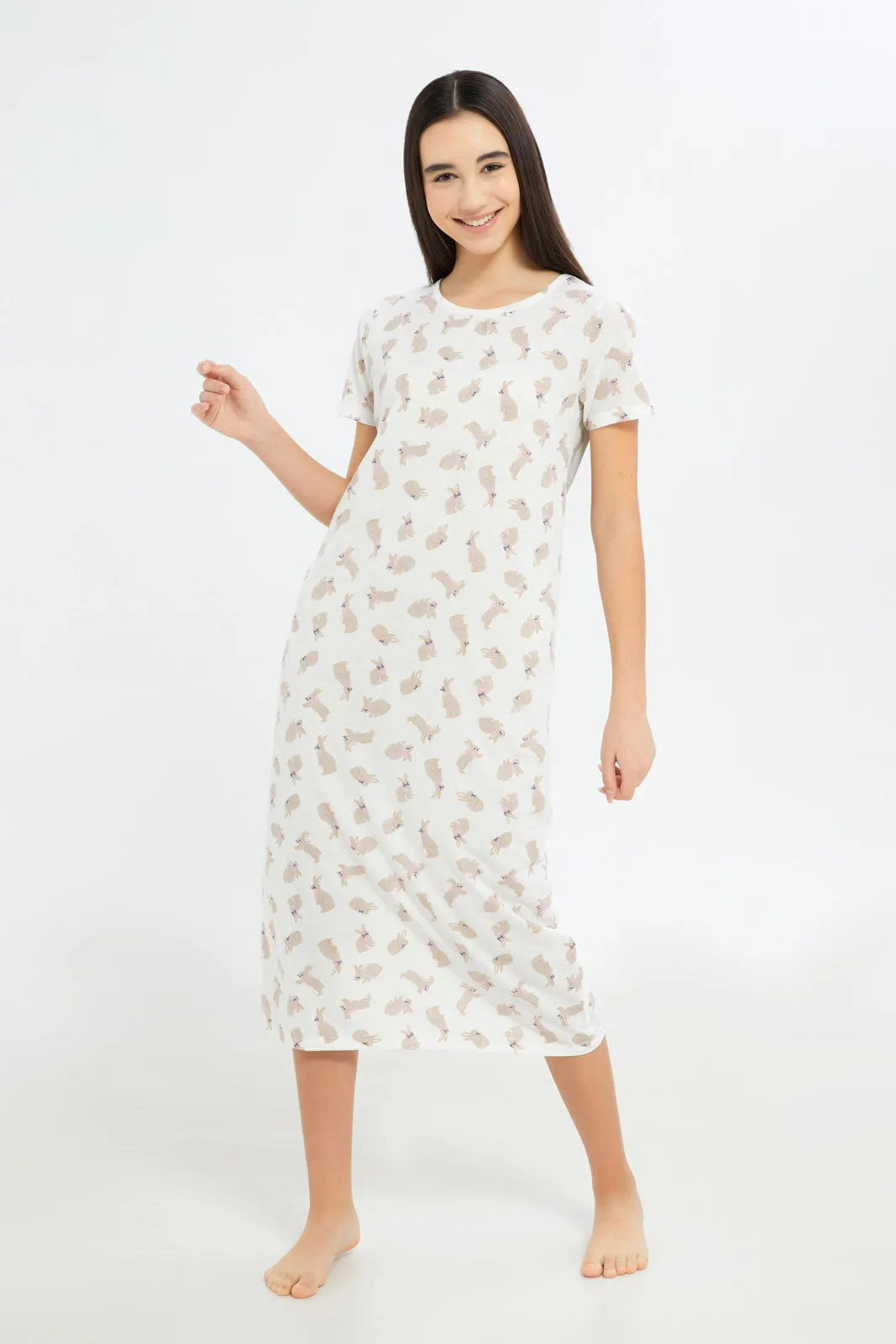 Senior Girls White Rabbit Print Nightdress