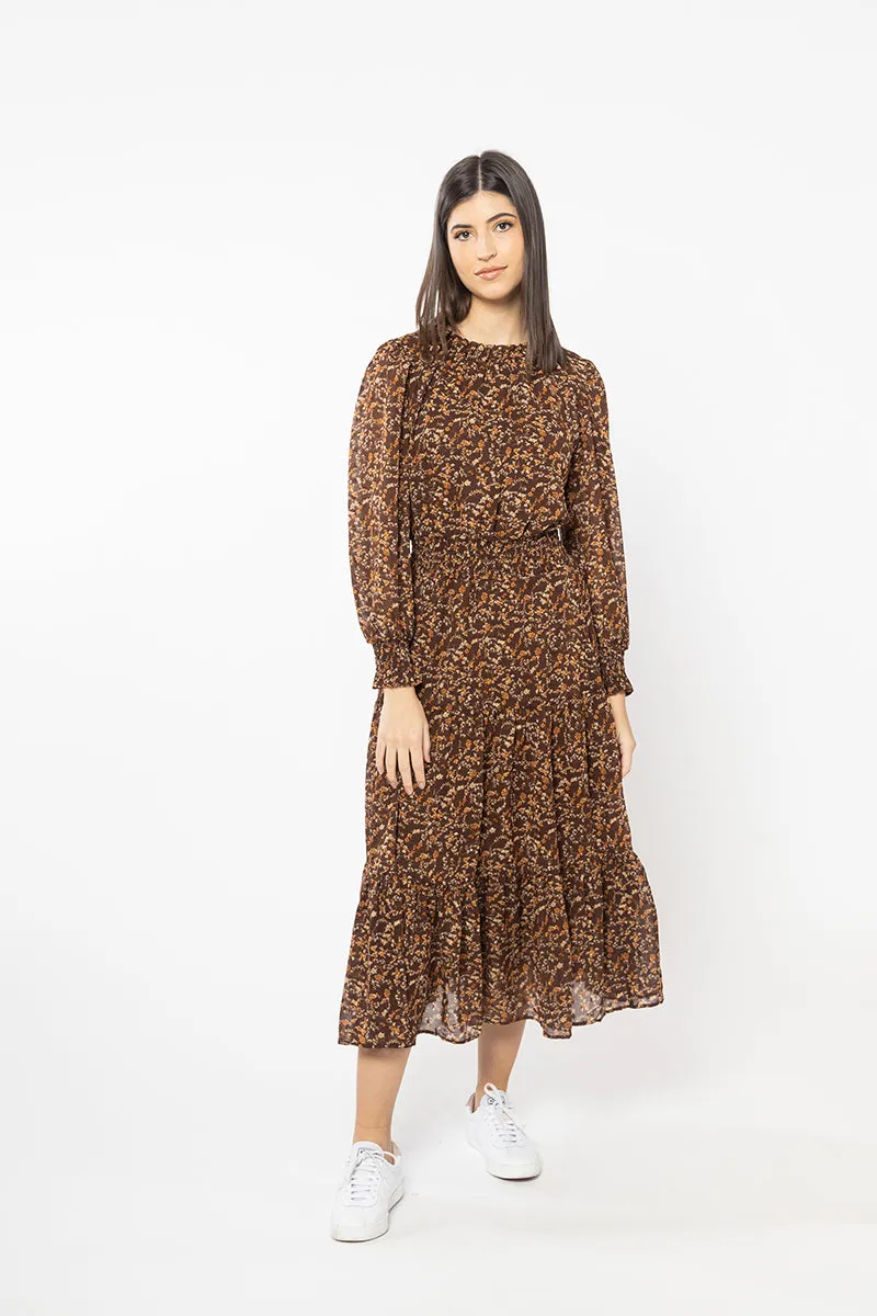 Serene Bronze Floral Shirred Waist LS Maxi Dress