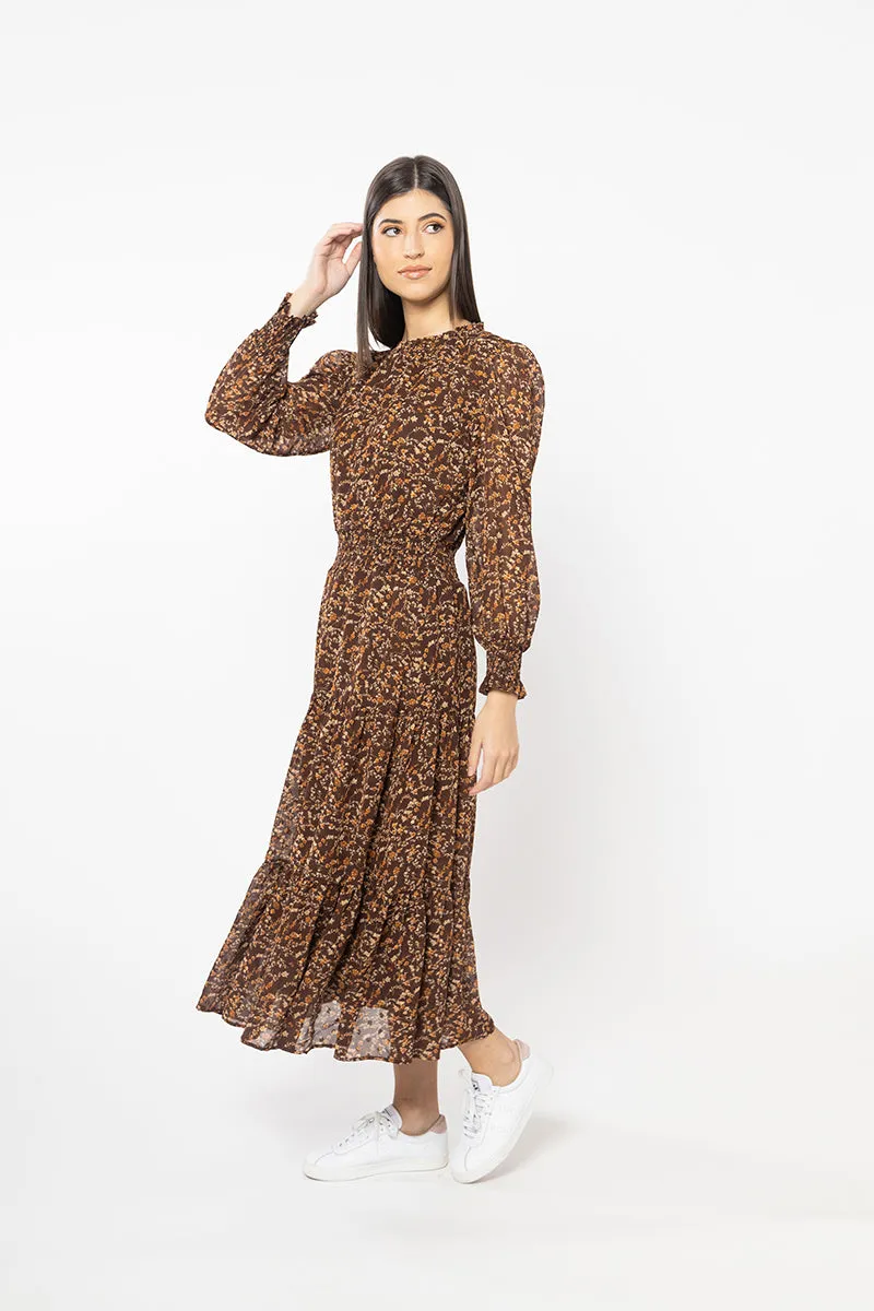 Serene Bronze Floral Shirred Waist LS Maxi Dress