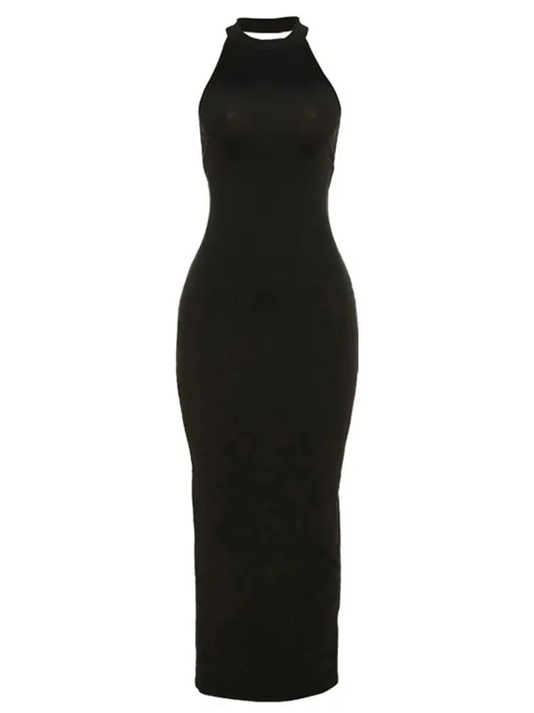 Sexy Backless Halter Elegant Bandage Summer Club Black Midi Dresses