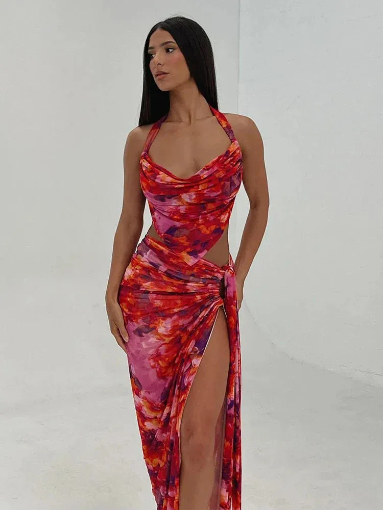 Sexy Party Print Two Piece One Shoulder Crop Top Split Skirts Summer Midi Dress