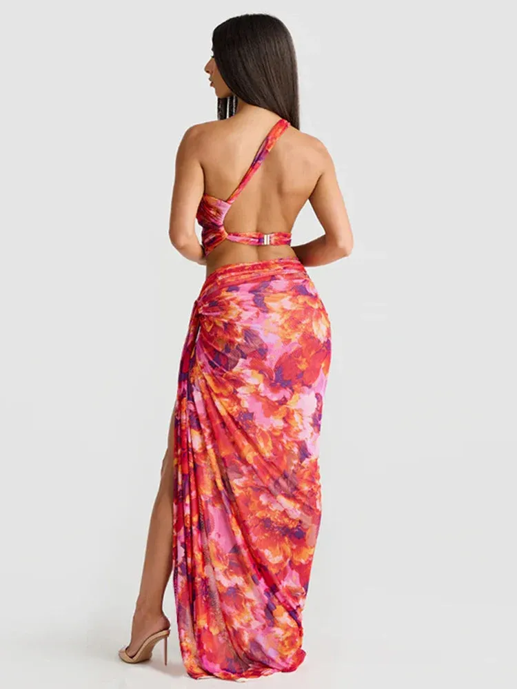 Sexy Party Print Two Piece One Shoulder Crop Top Split Skirts Summer Midi Dress