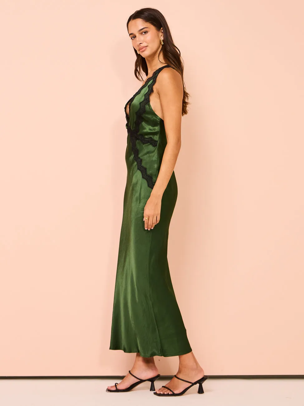 Shona Joy Camille Lace Cross Back Midi Dress in Fern/Black