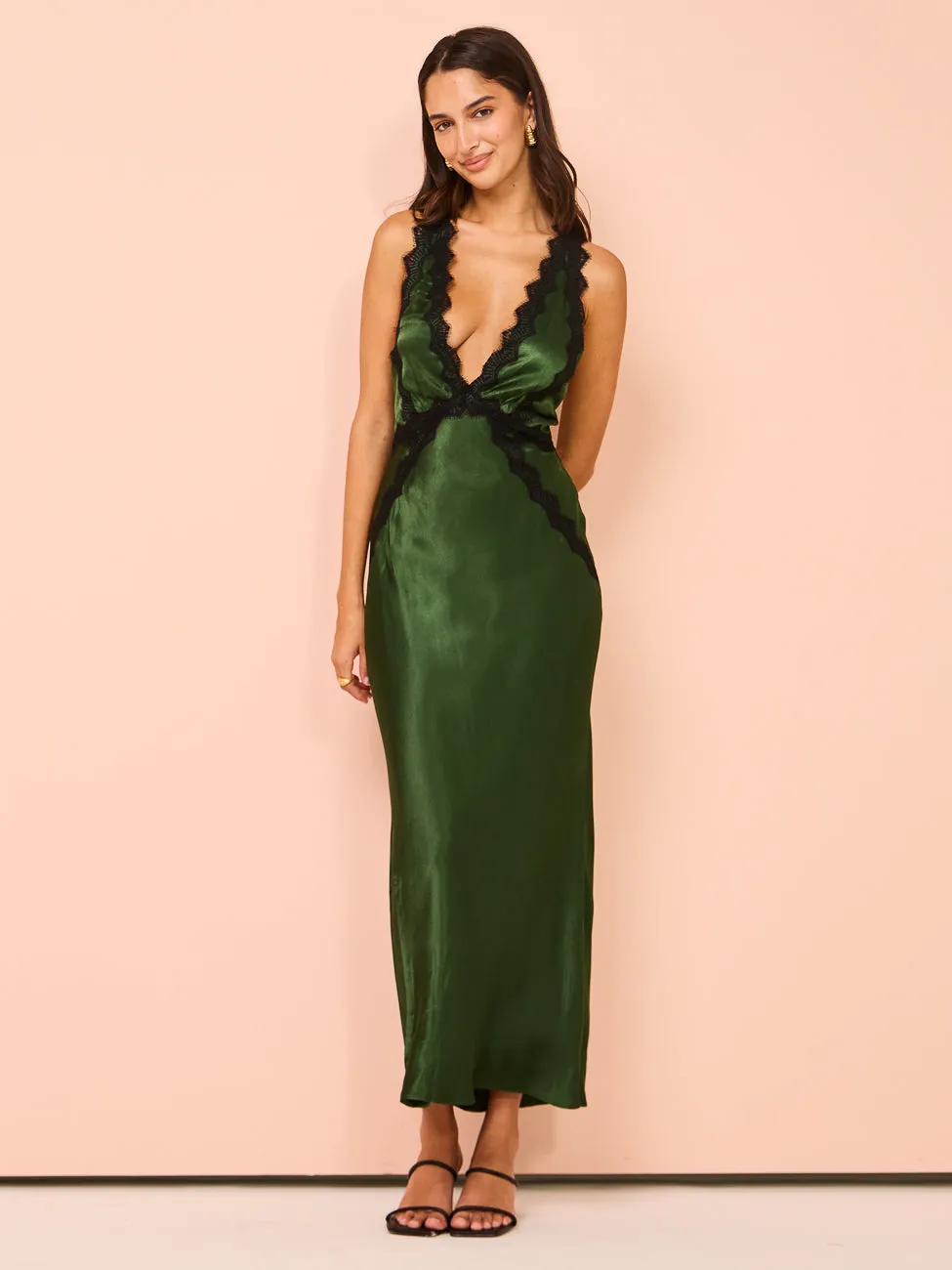 Shona Joy Camille Lace Cross Back Midi Dress in Fern/Black