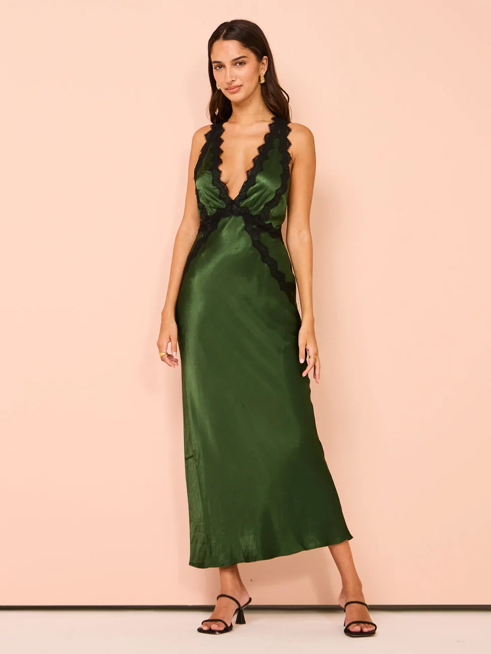 Shona Joy Camille Lace Cross Back Midi Dress in Fern/Black