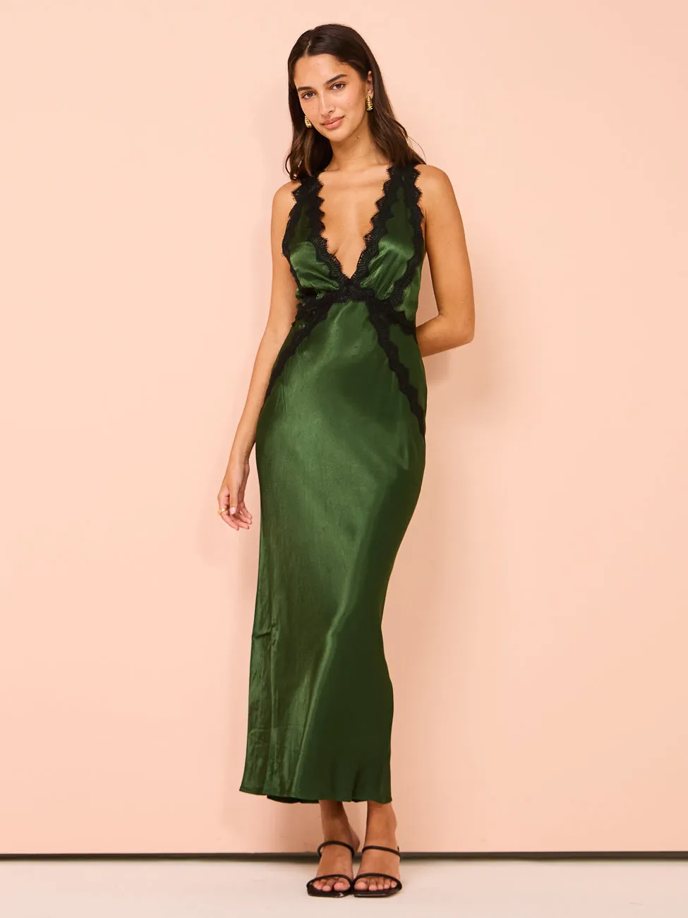 Shona Joy Camille Lace Cross Back Midi Dress in Fern/Black