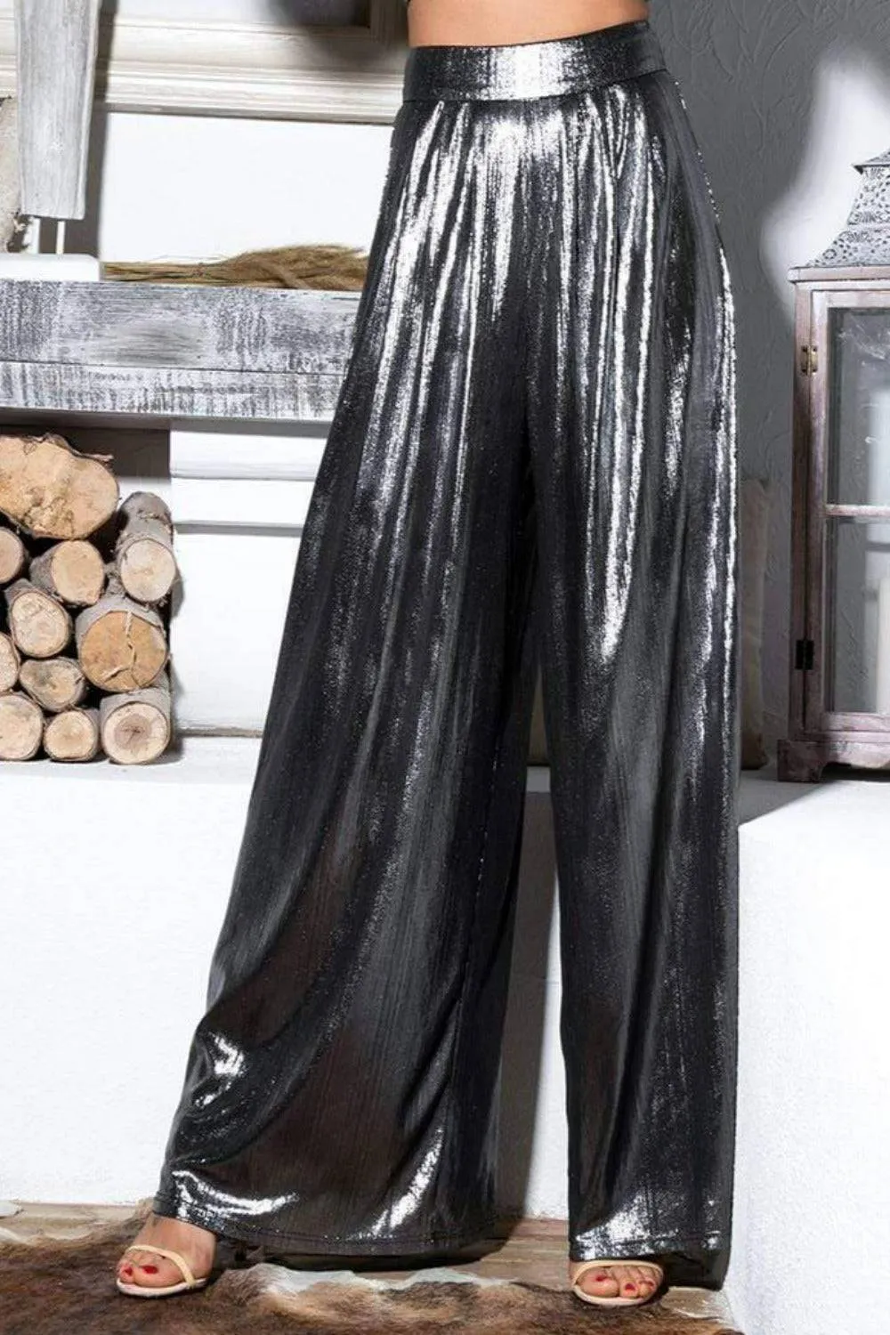 Silver Metallic High Waisted Wide Leg Palazzo Pants