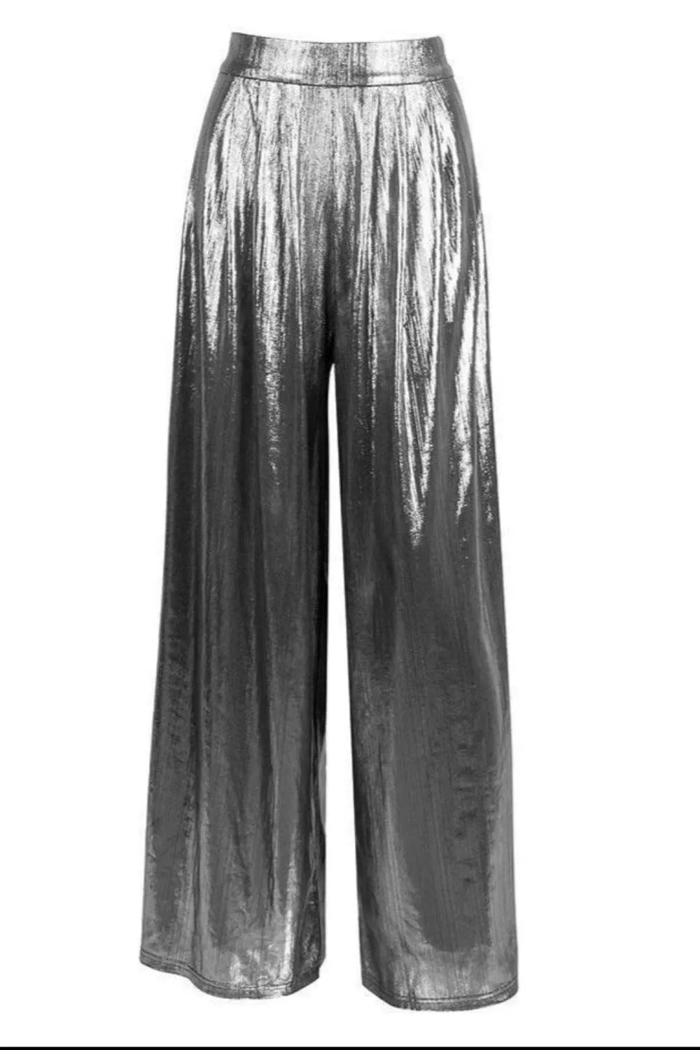 Silver Metallic High Waisted Wide Leg Palazzo Pants