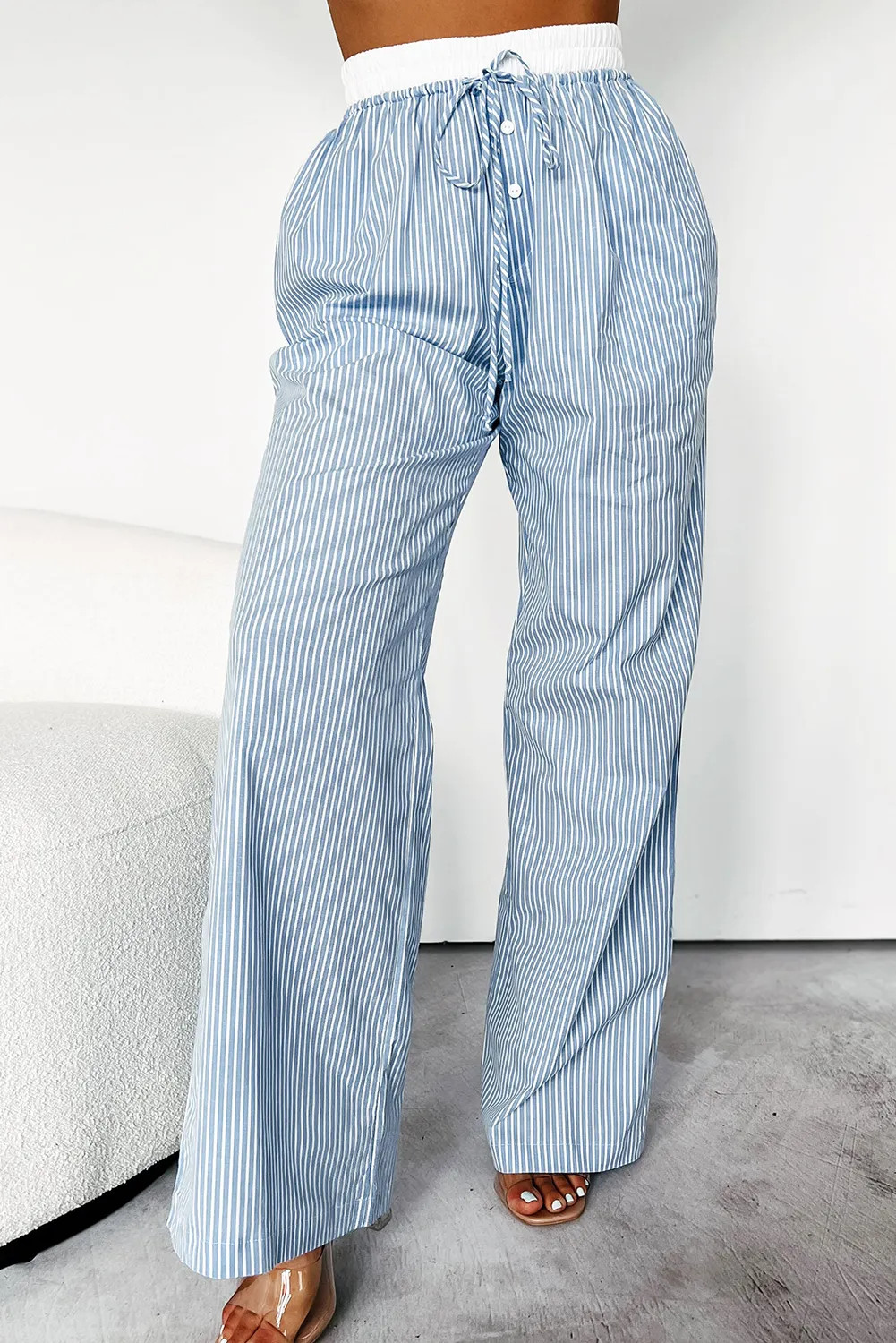 Sky Blue Stripe Drawstring Buttoned High Waist Wide Leg Pants