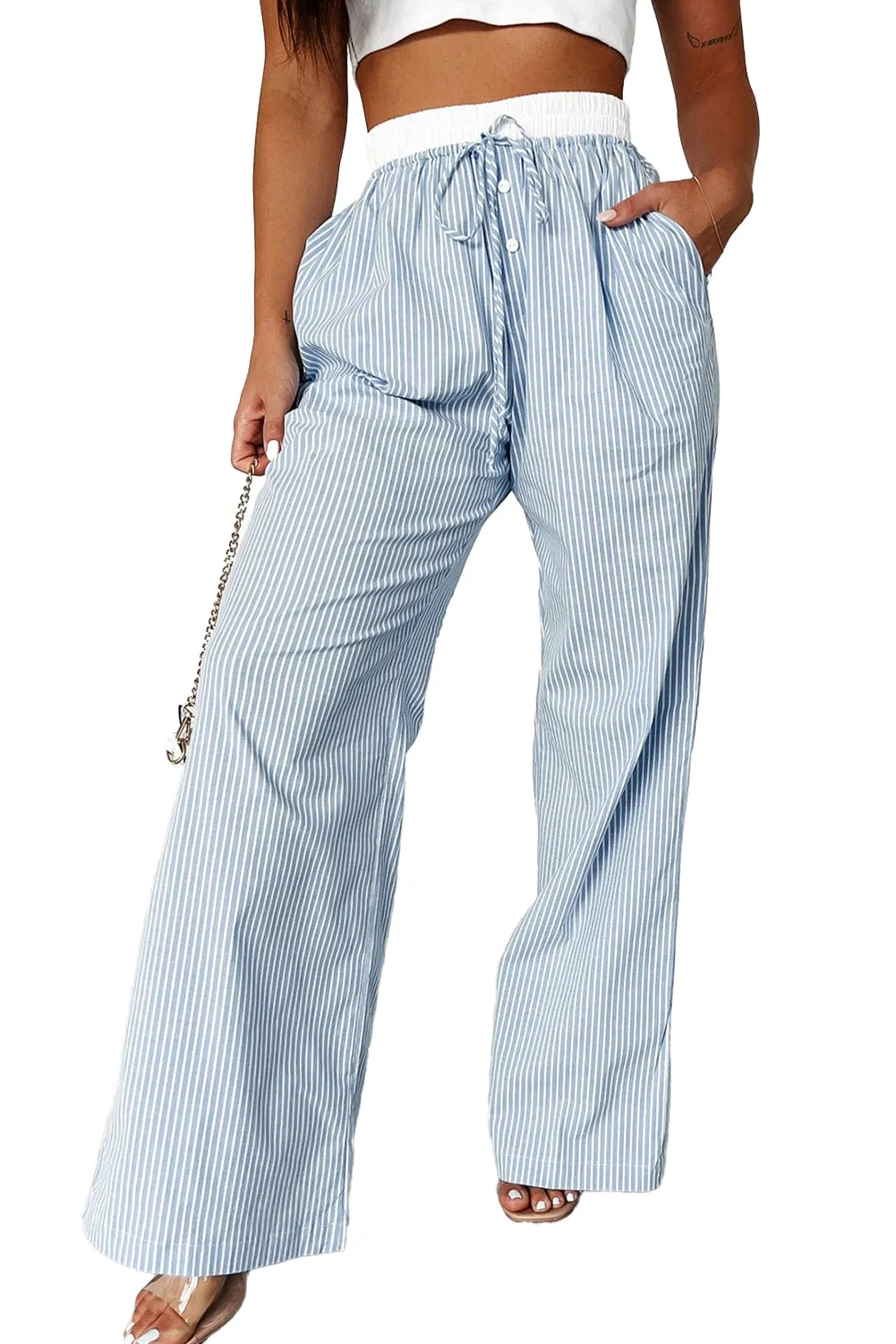 Sky Blue Stripe Drawstring Buttoned High Waist Wide Leg Pants