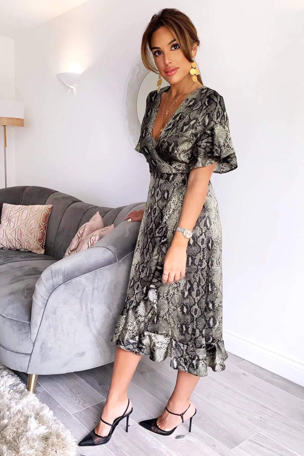 Snake Print Frill Wrap Midi Dress